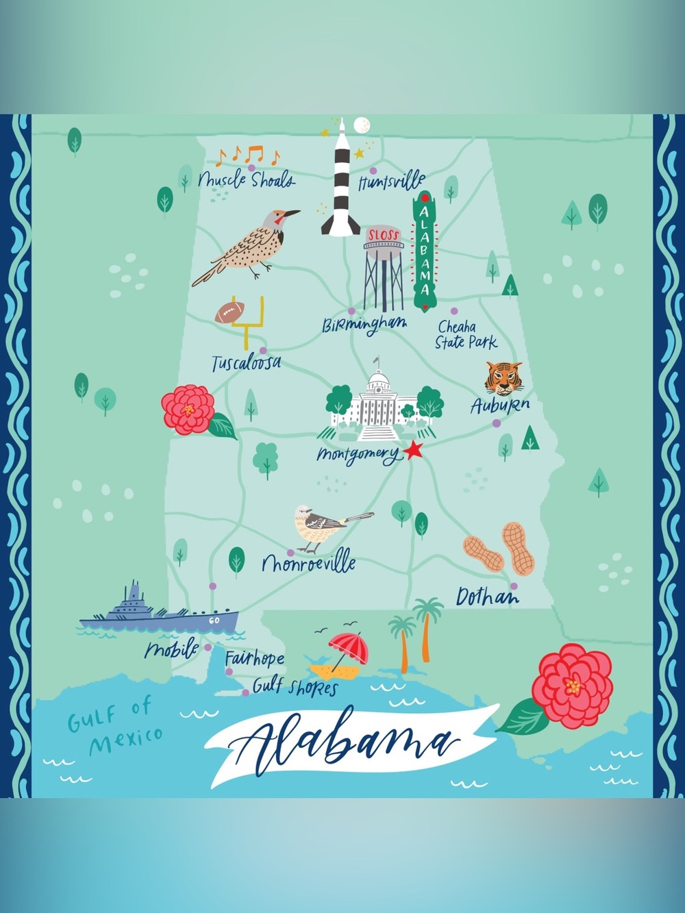 Mary Square Alabama Illustrated Tea Towel